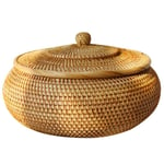 Round Rattan Box,Wicker Fruit Basket with Lid Bread Basket Tray Storage3845