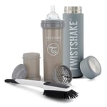 Twistshake Ensemble D'alimentation pour Bébé - 3 Pièces | 1x Biberon Anti-Colique avec Récipient à Lait en Poudre - 1x Bouteille Thermos Chaude ou Froide - 1x Brosse de Nettoyage | 6+ Mois | Gris