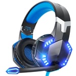 Casque de jeu pour PS5, PS4, PC, Xbox One, son surround sur l'oreille, avec micro, lumière LED pour Mac, ordinateur portable, Switch, Playstation, Xbox Series X/S ¿ Bleu