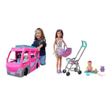 Barbie Dream Camper, Pink Camper with 7 Play Areas, 60 Toy Accessories, 2 Puppies & Skipper Babysitters Inc. Playset with Skipper Babysitter Doll (Brunette), Stroller