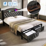 Lit rembourré double 140 x 200 cm avec fonction de chargement usb Type c et tiroirs, sommier à lattes en métal, gris, sans matelas