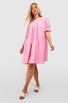 Womens Plus Gingham Textured Tiered Smock Dress - Pink - 26, Pink