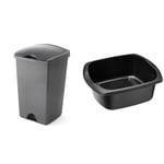 Addis 50ltr Lift Up Flat top Kitchen Waste Trash Complete Bin, Metallic Silver & Dark Grey & Rectangular Washing Up Bowl, Soft Black, 9.5 Litre