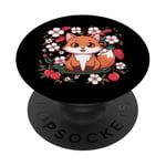 Renard kawaii avec cerises et fleurs de cerisier sakura PopSockets PopGrip Adhésif