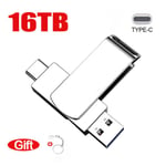 Clé USB 3.0 haute vitesse en métal 16 To,clé USB 2 To,8 To,4 To,clé USB,mémoire SSD portable,disque flash USB,adaptateur TYPE-C - Type Silver 16TB