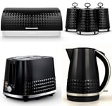 Tower Solitaire Kettle, 2 Slice Toaster Bread Bin & Canisters Set Black & Chrome