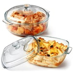 Set of 2 Small Glass Casserole Dish with Lid Oven Proof, (Square 1.5L+ Round-1.7L) Glass Oven Dish with Lid