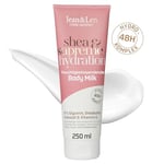 Jean & Len Body Milk shea & supreme hydration, pour peaux sèches, hydrate la peau pendant 48 heures, avec vitamine E, texture crémeuse, parfum de coco, sans parabènes & silicones, végétalien, 250 ml