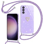 Yichu Coque pour Samsung Galaxy S23 5G avec Cordon, Glitter Souple Silicone Housse avec Collier, Réglable Lanyard Case avec Motif Coeur d'amour, Etui Antichoc Protection Cover pour Samsung S23, Violet