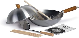 Ken Hom Carbon Steel Wok Set, 31cm, Classic, Induction Suitable/Natural Patina &