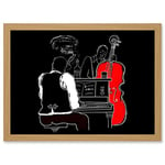 Wee Blue Coo Musicians Jazz Piano Illustration Red Bass Bar Music Artwork Framed Wall Art Print A4