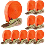 10 PCS 800 kg Sangle à Cliquet, Sangle d'Arrimage avec Tendeur, Sangle de Serrage en Polyester, 6m x 35mm, pour Moto, Cargaison, Remorque, Camions, Bagages (Orange)