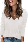 Cuptacc Sweat Femme Col en V Pull à Manches Longues avec Coton Chemisier Décontracté Blanc,XXL 50