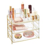 mDesign Makeup Organiser – Cosmetic Storage Unit with 16 Compartments and 2 Sliding Drawers – Makeup Holder for Lipstick, Nail Varnish, Eye Shadow, Brushes and More – Gold/Clear