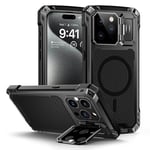 Lanhiem Coque pour iPhone 15 Pro Max, Métal et Rigide [Protection Caméra & Supports] Antichoc Militaire avec du Verre trempé Integrale Indestructible Chantier Etui [Compatible Charge sans Fil] Noir