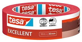 tesa Masking Tape Excellent - Painter's tape with thin paper backing for masking during painting work - for all paints, varnishes, and glazes - for indoor use - 50 m x 30 mm, Red
