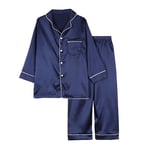 Pyjamas långärmad set för barn, knapp-up siden pyjamas sovkläder set blue 150cm