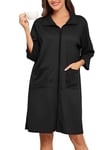 Lovasy Peignoir Femme à Fermeture Éclair Robe de Chambre Court en Tricot Gaufré Kimono Doux et Léger Longueur du Genou Loungewear avec Poches A Noir XL