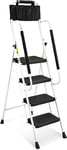 HBTower Escabeau 4 Marches, Échelle Pliable avec Rampe Sécurité, Marchepied Pliable avec Sac à Outils Enfichable Et Large Pédale Antidérapante, Marchepied Portable Léger De 150 Kg, Blanc