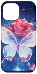 Coque pour iPhone 12 Pro Max Rose et papillon mignon sur fond bleu