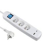 Electraline 35604 Bloc Multiprise 3 Prises Françaises + 2 USB 3.4A 17W A + 1 Type C, avec Interrupteur on/Off, Fiche Extra Plate 90° 16A, Câble 1.5M, Blanc