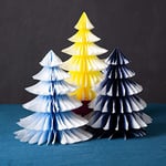 Talking Tables Décorations d'arbres de Noël jaunes et bleus - Ensemble de 3 nids d'abeilles en papier, mini sapins de Noël pour table, pays des merveilles d'hiver, thème de la fête de la forêt