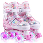 Hikole Roller Enfant Fille 4 Roues Patins à roulettes Réglables Roller Quad Respirant Et Confortable avec Roues Allumées Roller Enfant Garcon Evolutif Rose