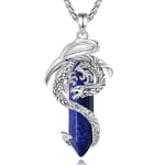 EUDORA Harmony Ball Collier Dragon Lapis Lazuli pour Homme et Femme, Amulette D'énergie en Cristal à Prisme Hexagonal, Pendentif Dragon en Cuivre Plaqué Argent Bijoux Cadeau pour Maman, 22" + 24"