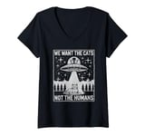 Womens We Want the Cats, Not the Humans, Funny Cat Alien Abduction V-Neck T-Shirt