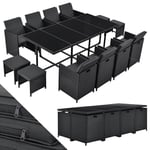 Juskys Groupe de sièges en polyrotin Baracoa XXL 13 pièces résistant aux intempéries et empilable - Ensemble de mobilier de Jardin avec 8 chaises, 4 tabourets et Table - Noir, 12 Personnes