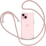 Coque Pour Iphone 15 Avec Cordon, Etui Avec Collier - Tour De Cou Lanière En Corde - Transparente Silicone Housse Avec Cordage Lanyard Case, Or Rose