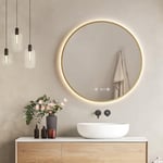 EMKE Miroir LED Rond de Salle de Bain, diamètre 70 cm, Cadre doré brossé, Anti-buée, avec Affichage de l'heure et de la température, lumière Neutre, intensité réglable, Miroir de Salle de Bain avec