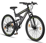 Licorne Bike Strong D 27.5 Inch Mountain Bike Fully, 21 Speed Gears - Black/Lime