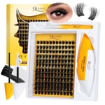 QUEWEL Cluster Lashes Kit Fluffy Lash Clusters, 144 pcs Thick Lashes Individual Cluster with 16ml Bond and Seal Lash Glue, Lash Applicator Easy to Use at Home (3D-Honey01 Kit)