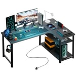 COMHOMA Bureau Gaming en Forme de L, Bureau d’Angle avec Étagères Rangement, Table imformatique avec Port de Charge USB et Prise de Courant, 120L*80P*74H, pour Jouer, Travailler, Noir