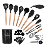 ONATISMAGIN Kitchen Utensils Set, 35pcs Non-Stick Silicone Cooking Utensils Set, Heat Resistance Cooking Tools, Kitchen Tools Gadgets Accessories, Spoons Spatula Set with Wooden Handle (Black)