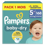 Pampers Baby-Dry, Taille 5+, 168 Couches, 12-17kg, Extra Absorption, Une nuit jusqu'à 100% sans fuites avec la Poche Stop & Protect à l’arrière de la couche, Pack 1 Mois