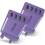 2 Pack USB Charger, Charger Plug UK Quick 3.0, 4 Port Multi USB Plug Compatible with iPhone 12/13/14/15 Pro Max XR 8, Samsung Galaxy S23 S22 (Purple)