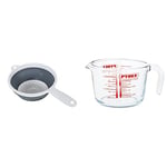 Addis 517522 "Pop & Store Collapsible Food Colander with Handle, White and Grey, 34 x 20 x 3 cm & Pyrex Glass Measuring Jug, Transparent, 1 Litre
