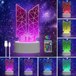 Eygerur Kpop BTS Lampe 3D LED Illusion Veilleuse BTS,Télécommande 16 Couleurs Changement Tactile Interrupteur Lumière De Nuit Art Déco,Decoration Chambre Cadeaux Parfaits pour Les Fans De BTS