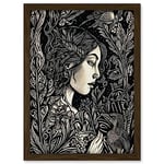 Artery8 Woman with Crow in a Field Black and White Linocut Artwork Framed A3 Wall Art Print