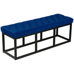 Banquette banc bout de lit longueur 120 cm en velours capitonné en velours bleu et métal noir