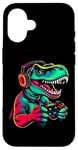 Coque pour iPhone 16 Gaming Dinosaurs- Le T-rex joue aux jeux vidéo