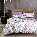 Sedefen Housse de Couette 220x240cm Lilas Blanc Floral Fleurs Feuilles Oiseau Ado Parure de Lit 2 Personnes avec Fermeture Éclair Adultes Housse Couette en Microfibre avec 2 Taie d'oreiller 65x65 cm