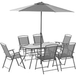 Ensemble salon de jardin 6 places 8 pièces - parasol, table, 6 chaises pliantes - métal époxy textilène polyester gris - Gris