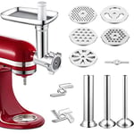 Hachoir à Viande de kitchenaid accessoires, Hachoir en métal KitchenAid pour Robot Pâtissier, avec 5 Plaques de Broyage et 3 Tubes à Farcir pour de Hachoir Kitchenaid Artisan a Viande