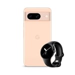 Google Pixel 8 – Unlocked Android smartphone with advanced Pixel Camera, 24-hour battery and powerful security – Rose, 256GB Smartwatch, Black with Obsidian Strap