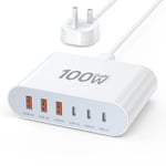 USB C Charger Block, 100W GaN 6 Port Type USB C Charging Station, USB C Wall Charger Power Strip Adapter Plug 3 USB C 3 USB A Charger for iPhone 16 15 14 13 12 11, iPad, Pixel Note Galaxy - White