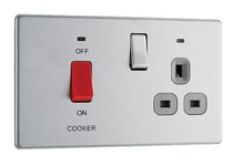 BG Electrical Cooker Switch with Socket and LED, Cooker Control Unit, Control Socket, Double Pole, Screwless Front Plate, Slim Profile, Premium Flatplate, Brushed Steel, Grey Inserts, 45A, FBS70G