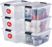 Iris Ohyama, Boite Rangement Plastique avec Couvercle, 15L, Lot de 6, Transparent, Clips de Fermeture, Poignée, Empilable, Organisation Solide & Durable, pour Chambre, Dressing, Bureau, NTB-15